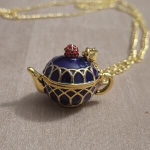 Locket tea kettle blue and gold enamel keepsake necklace